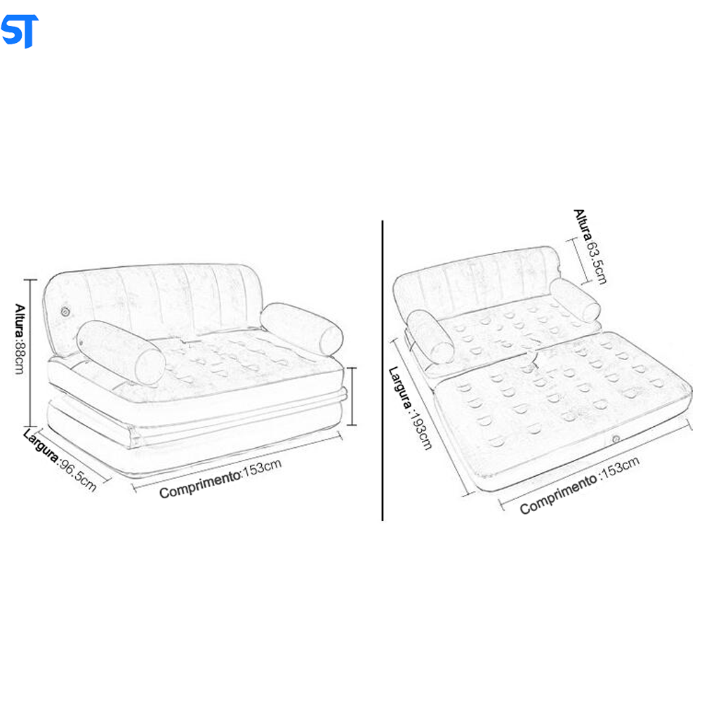 Sofá inflável 5 em 1, Cama de Casal, Dobrável BED Flcked Intime Plastics