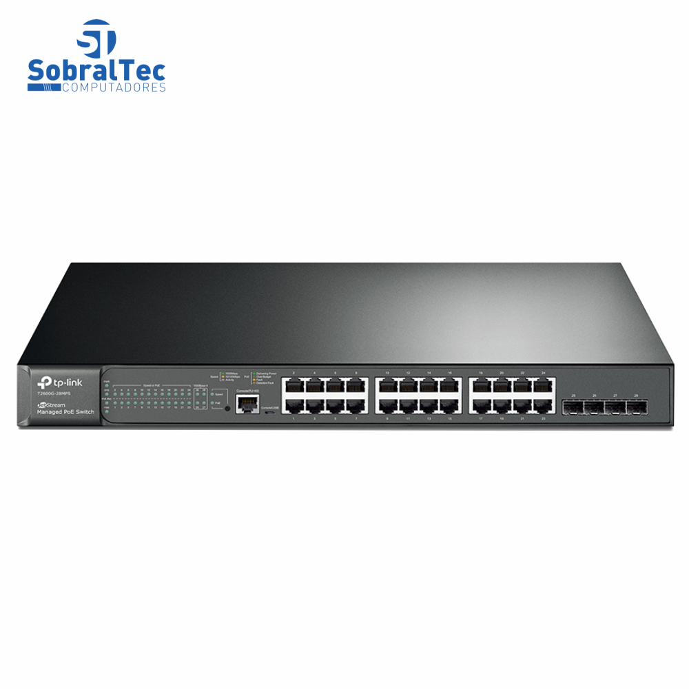 Switch Gerenciável PoE+ L2 Gigabit com 24 Portas + 4 Slots SFP Jetstream T2600G-28MPS