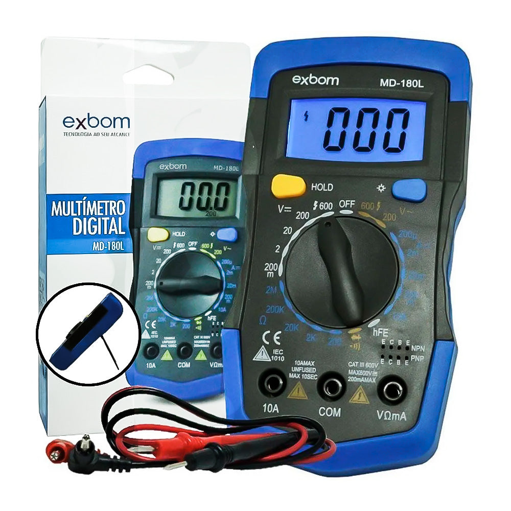 Multimetro Digital Portatil Lcd de 3 Digitos Com Iluminacao de Fundo-Exbom Md-180L