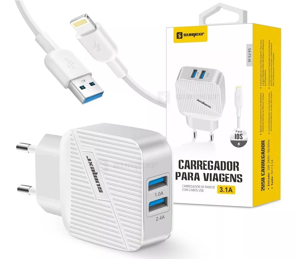 Carregador Celular  iPhone iPad 2 Saidas Usb + Cabo 3.1A Sumexr Sx-F7-i6