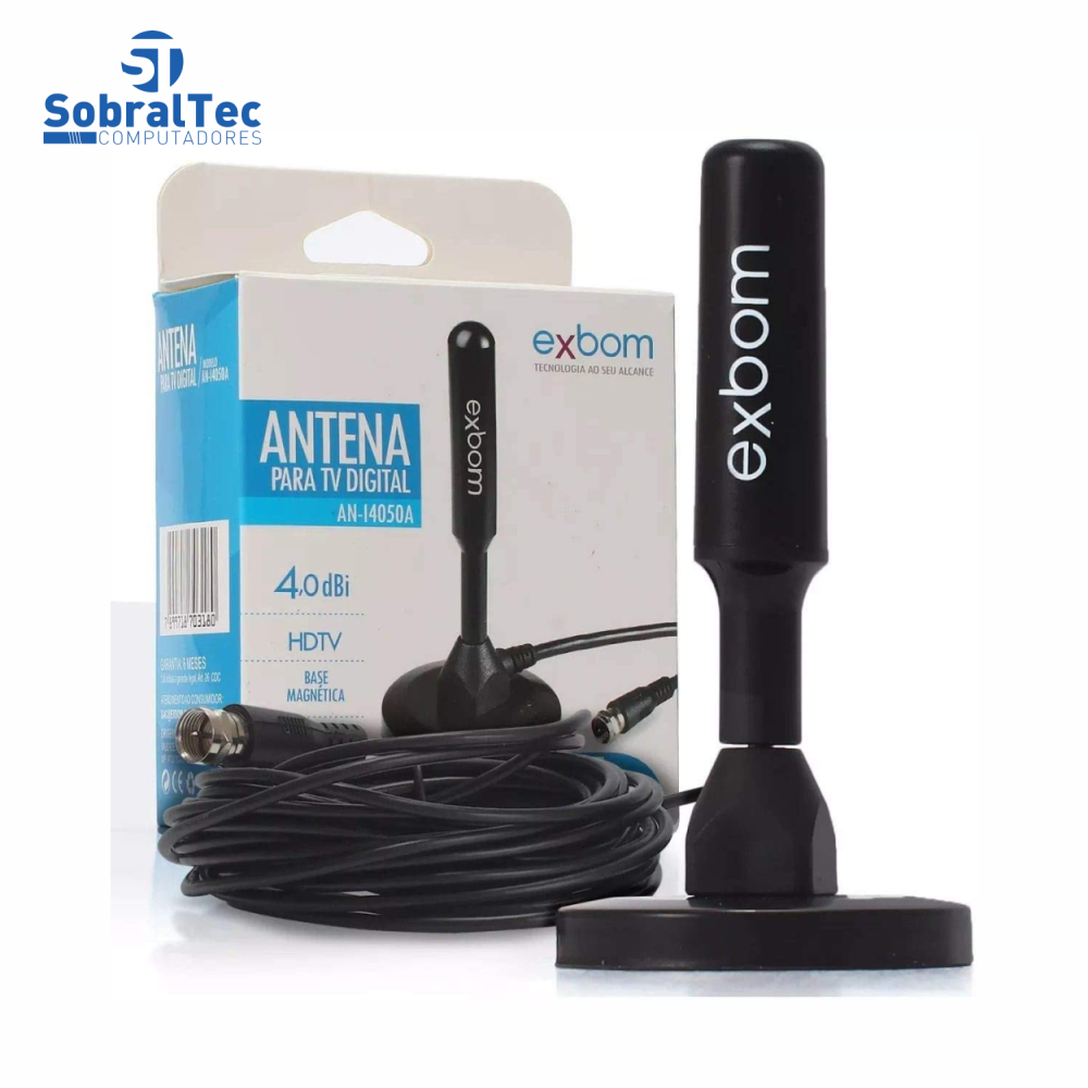 Antena Digital HDTV UHF VHF Interna Externa 5m Base Imã  4dBI Exbom AN-I4050A