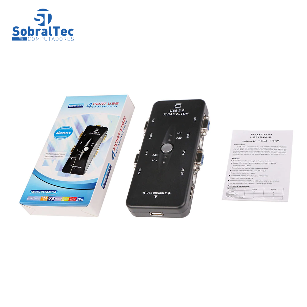 Chaveador Kvm Usb 2.0 Switch 4 Portas Vga e Usb B 3 Usb A Controladores 1 Vga Vídeo