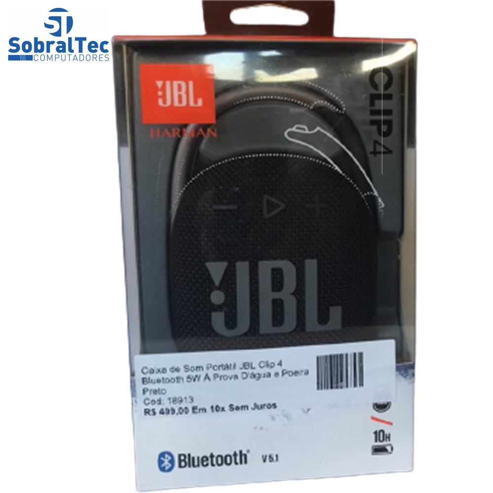 Caixa de Som Portátil JBL Clip 4 Bluetooth 5W À Prova D'água e Poeira Preto