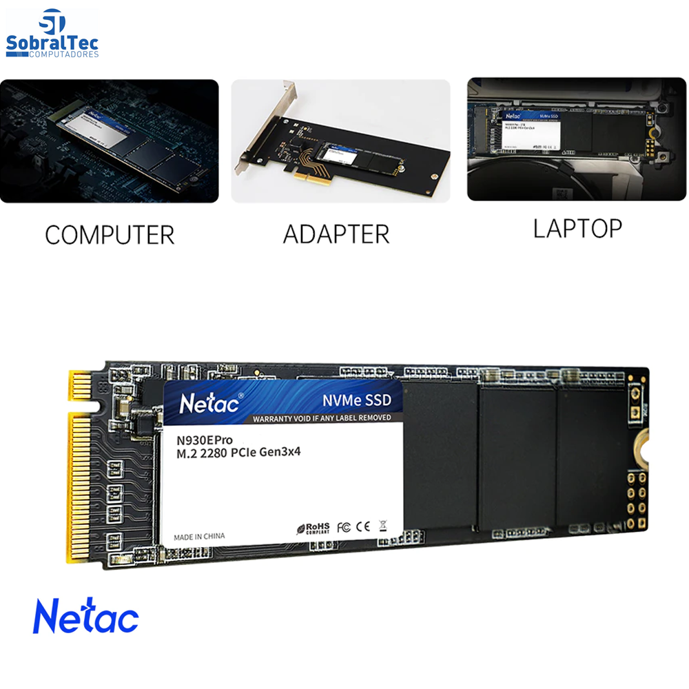SSD M.2 NVMe Netac 250Gb 1970MBP/s Leitura 1250MBP/s Escrita
