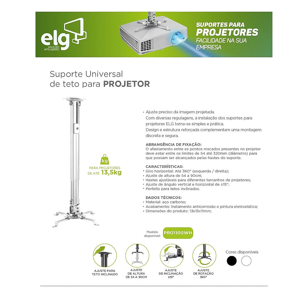Suporte de Teto para Projetor ELG PRO1100W até 13.5Kg Branco