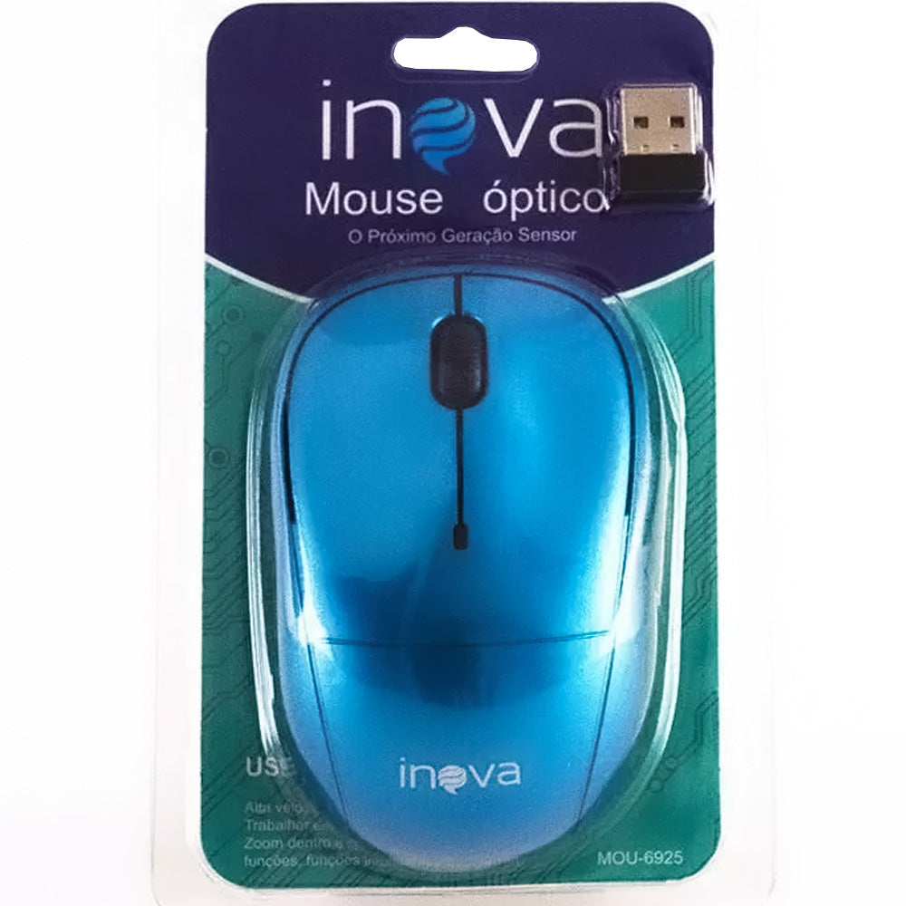 Mouse Óptico Sem Fio Wireless Usb Inova - Mou-6925- Azul