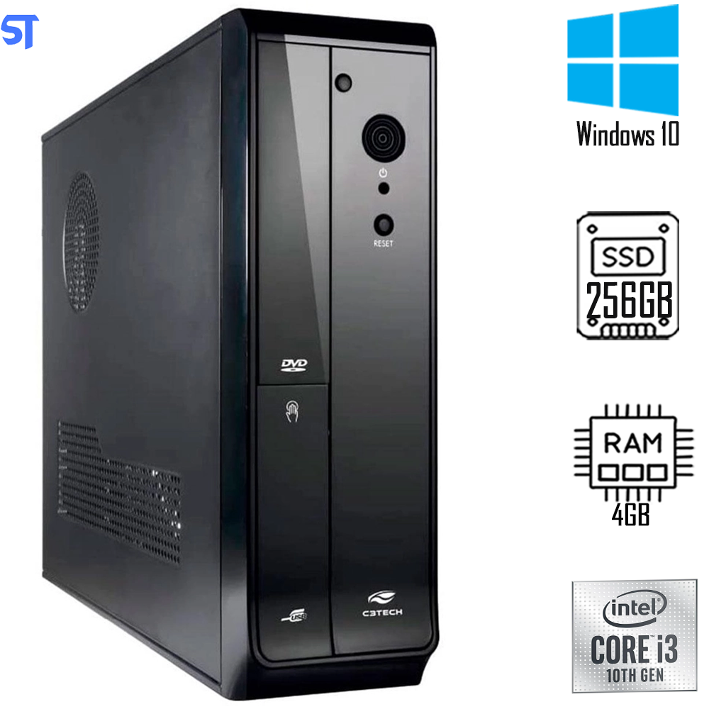Computador Core I3 10th, 4GB de Memória, Disco SSD 256GB - Gabinete Slim - Com Gabinete Slim Micro ATX Horizontal