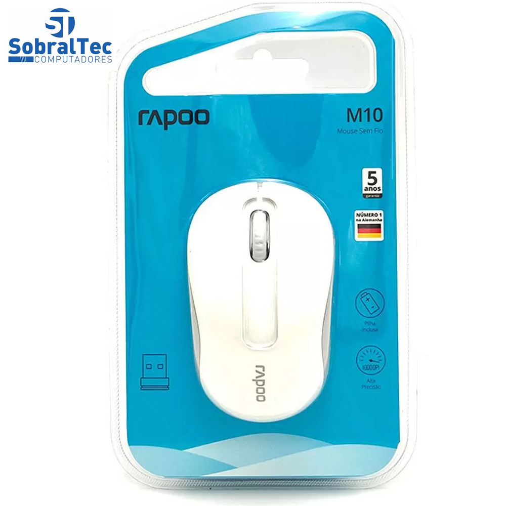Mouse Sem Fio Rapoo M10 Plus, Wireless 2.4 GHz, 1000 DPI, Branco - RA008