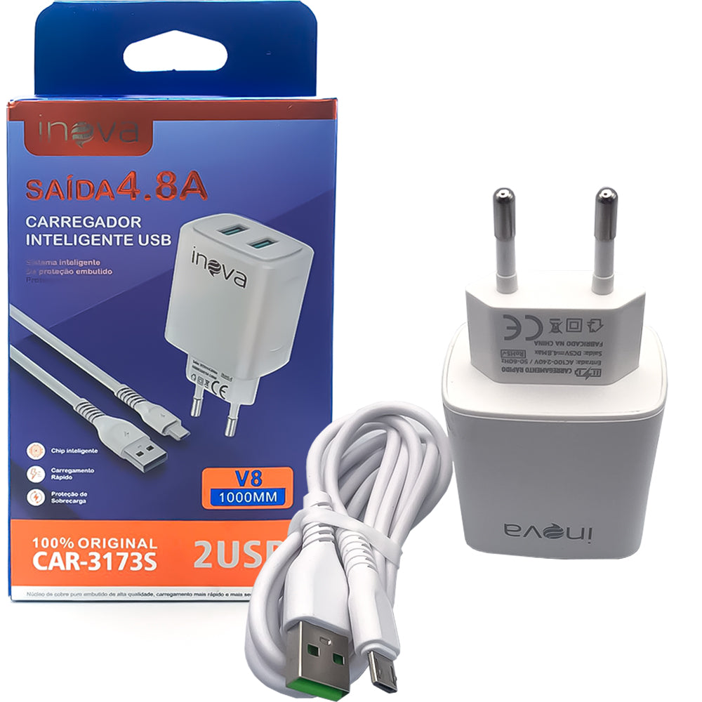 Carregador Rápido V8 Com 2 Portas USB 4.8A com Carregamento Inteligente Inova Branco- CAR-3173S