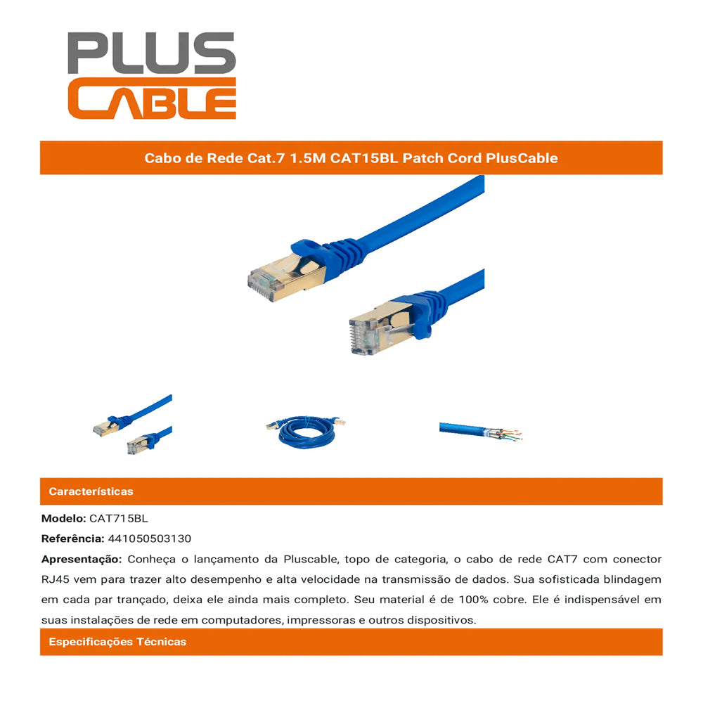 Cabo de Rede Patch Cord Cat.7 Azul 1,5M PlusCable - CAT715BL