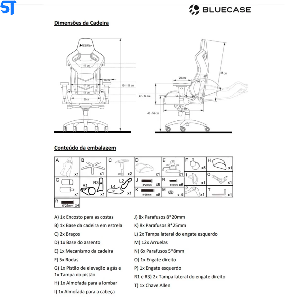 Cadeira Gamer Palladium Cinza/preto Bch-51gybk Bluecase - Reclinavel
