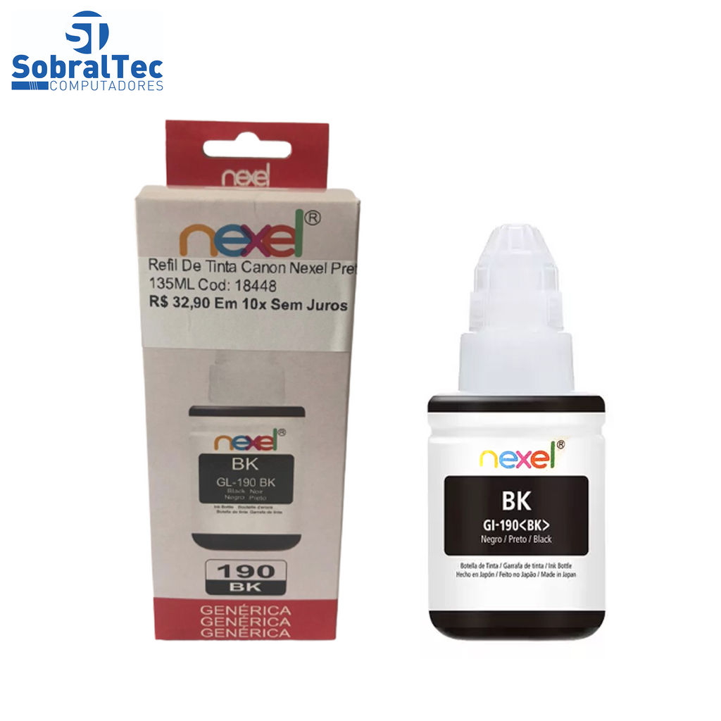 Refil De Tinta Compativel Canon Nexel Preto GL-190 135ML- Para 1100-2100-3100-3102-4100-4102