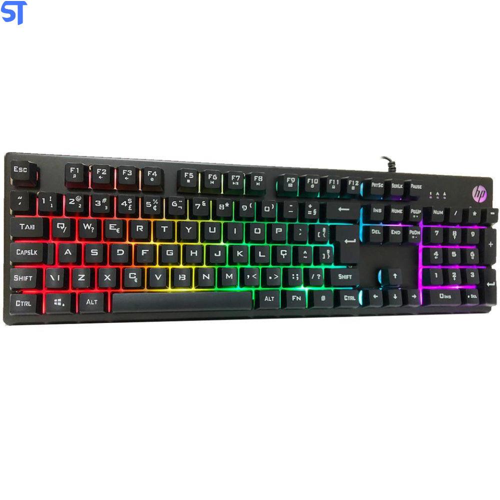 Teclado Gamer USB HP K500F LED RGB Teclas Multimídia ABNT2 Com Membrana - Preto