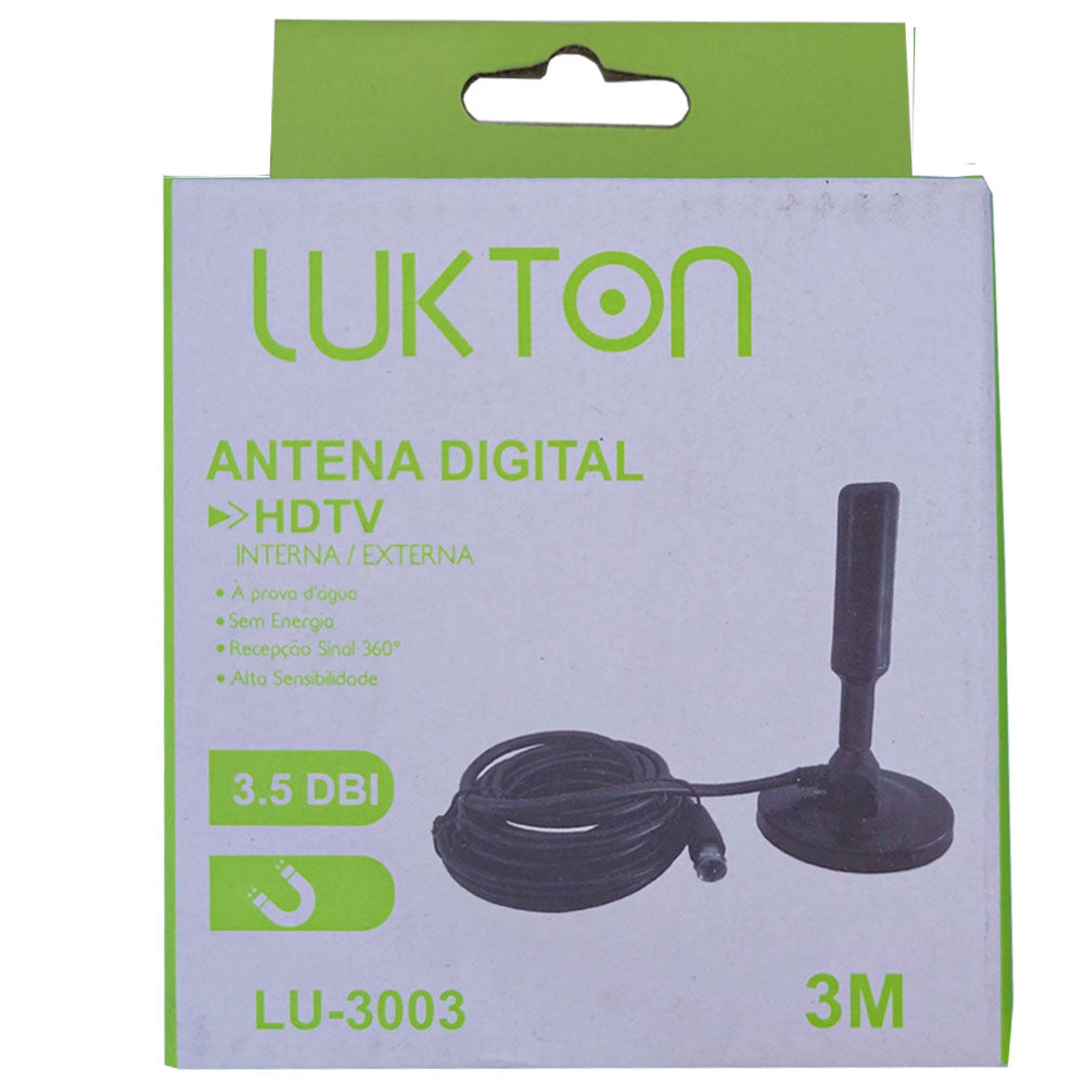 Antena Digital HDTV 3Mts Recepção De 360° 4.3 DB Base com Imã Lukton  - LU-3003