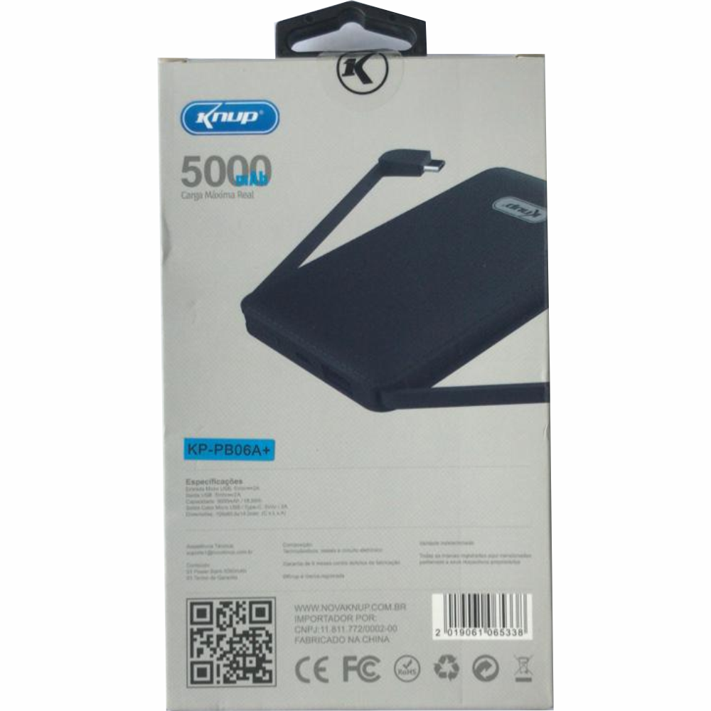 Carregador Portátil Power Bank 5000Mah V8 Tipo C Knup KP-PB06A+