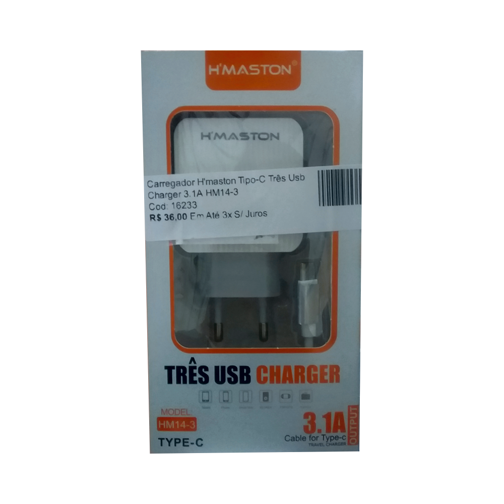 Carregador H'maston Tipo-C Três Usb Charger 3.1A HM14-3