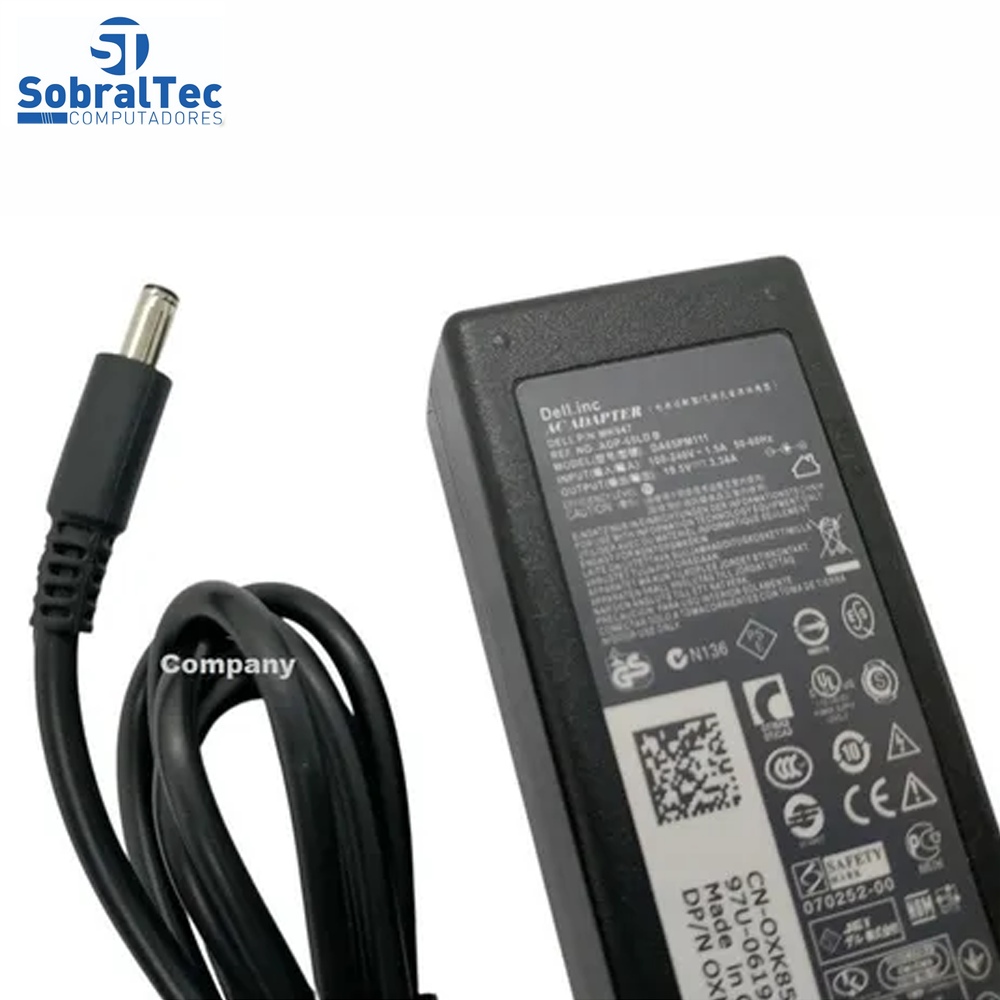 Fonte Para Notebook Dell Inspiron, Xps 65W 19.5v 3.34A  4.5mm x 3.0mm 11 13 14 15 3000 5000 7000 Series