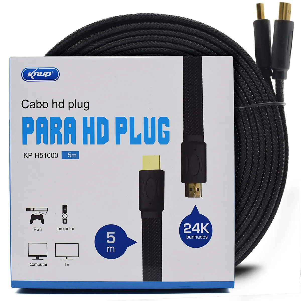Cabo Hdmi 5 Metros Flat Knup Ultra Hd 4k Flat Nylon 24k