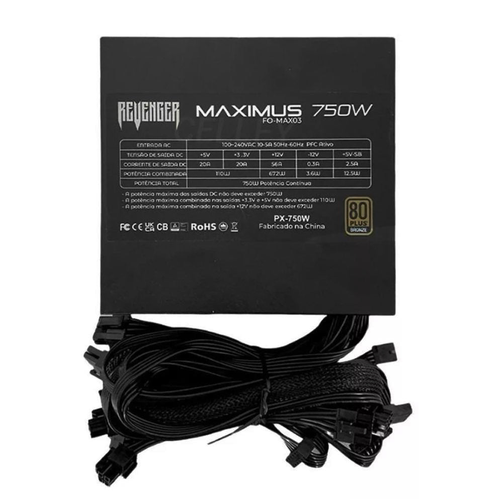 Fonte ATX Gamer 750W Real 80 Plus Bronze PFC Ativo Maximus Fo-Max03 Revenger