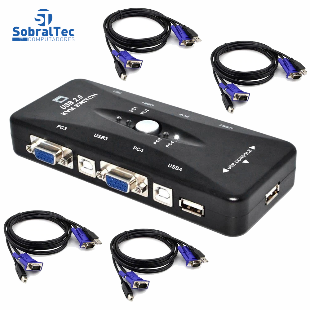 Chaveador Kvm Usb 2.0 Switch 4 Portas Vga e Usb B 3 Usb A Controladores 1 Vga Vídeo Com 4 Cabos