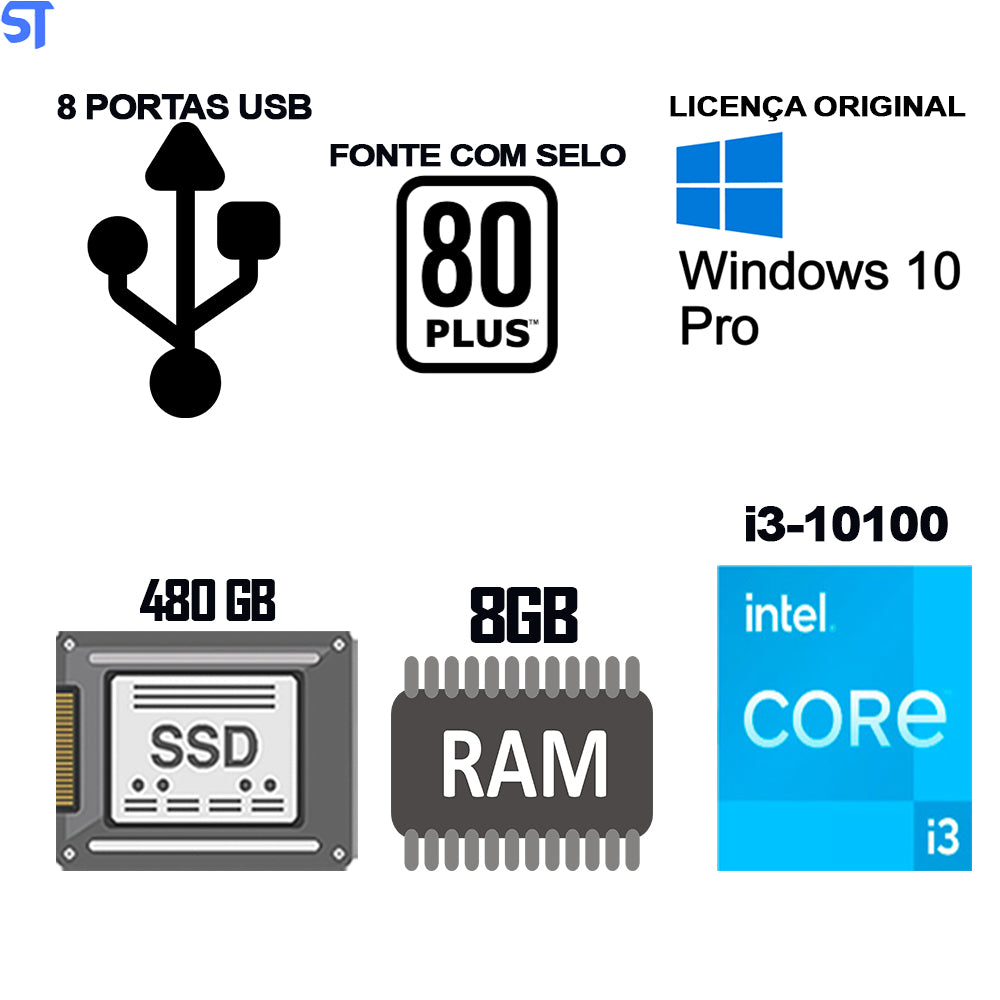 Computador Core i3-10100 -3.6Ghz- 8GB 2666Mhz DDR4 -SSD 480GB- 8 Portas USB- Fonte ATX 80Plus- Windows 10 Original