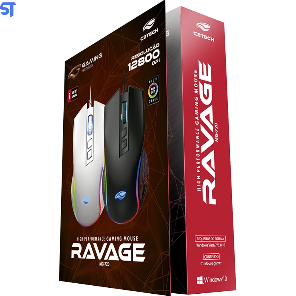 Mouse Gamer USB Ravage MG-720BK LED RGB  12.800DPi C3Tech