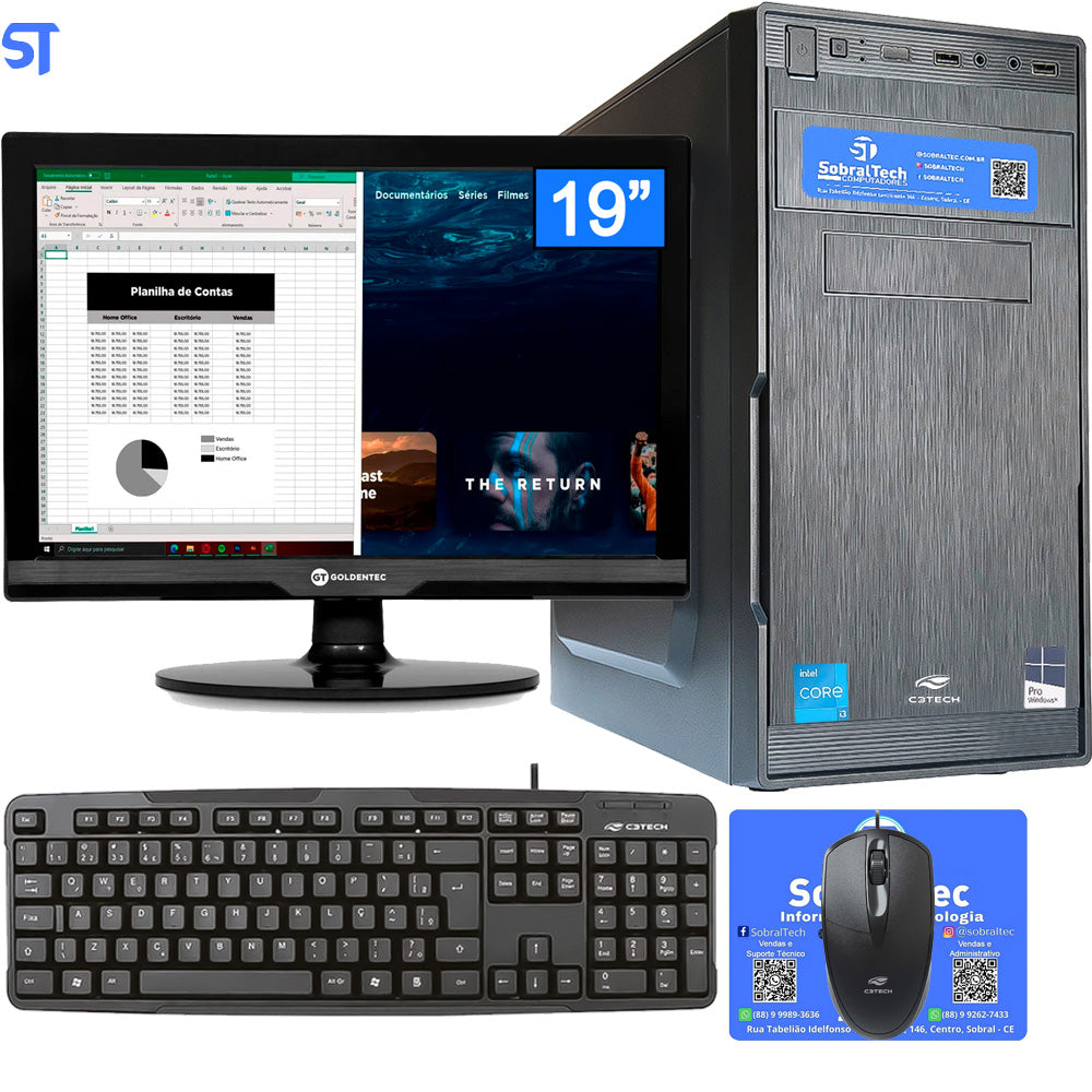 Computador Core i3-2100-HD SSD 120GB -Memória Ram 4GB- Com Monitor 19 HDMI- Teclado, Mouse e MousePad- Windows 10