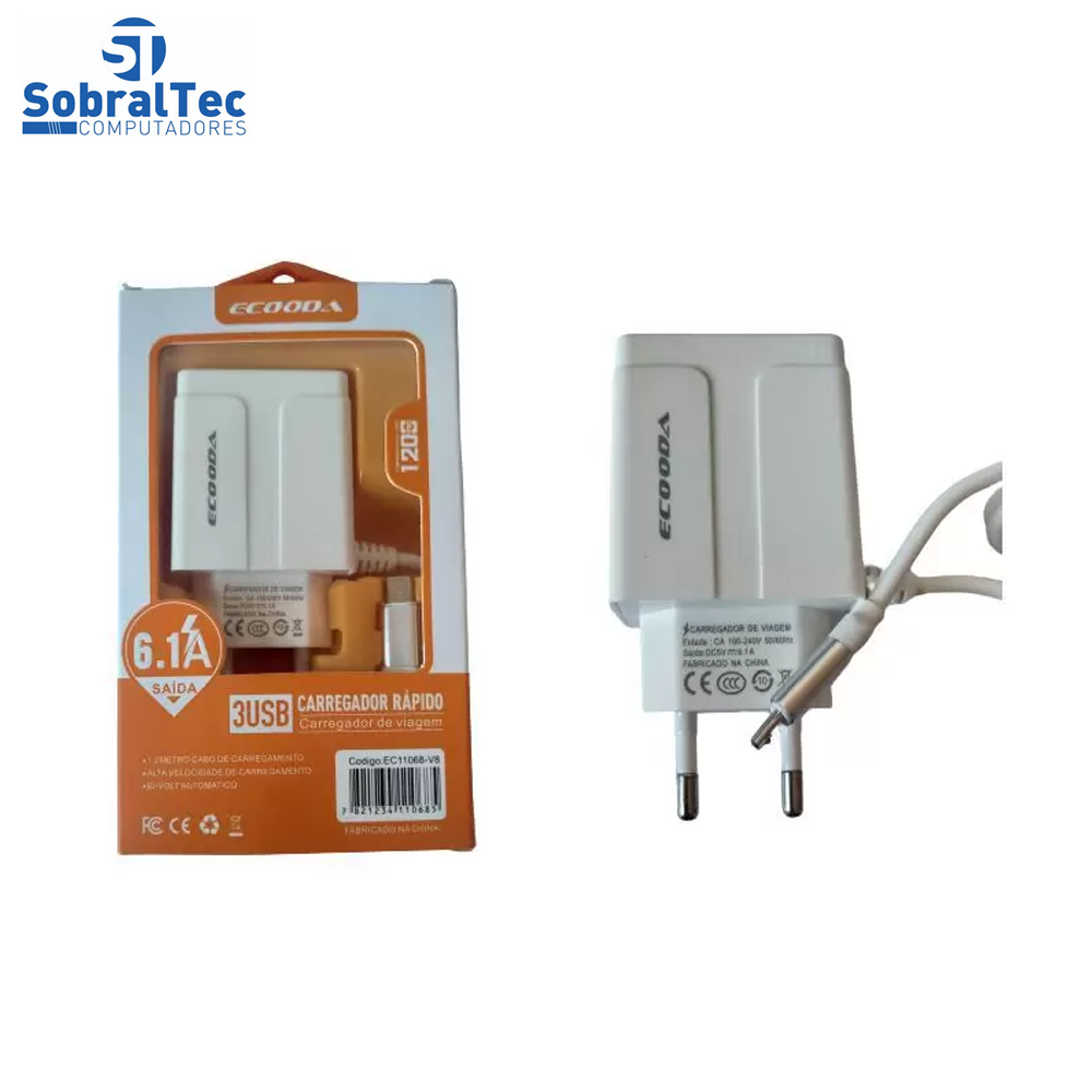 Carregador Rápido Com 3 Portas USB 6.1A Ecooda - EC11068-V8