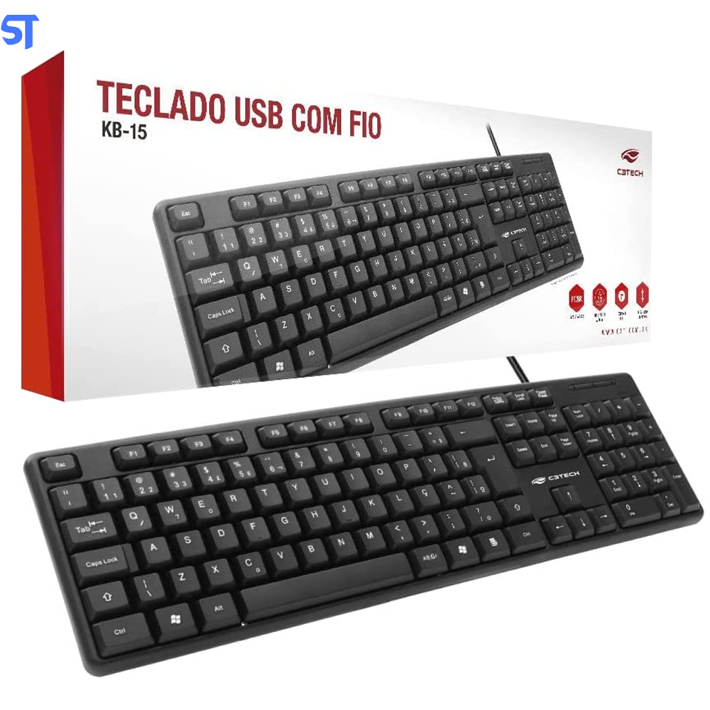 Teclado USB Padrão KB-15BK ABNT2 Plug And Play 1,2Mt De Cabo Preto C3Plus