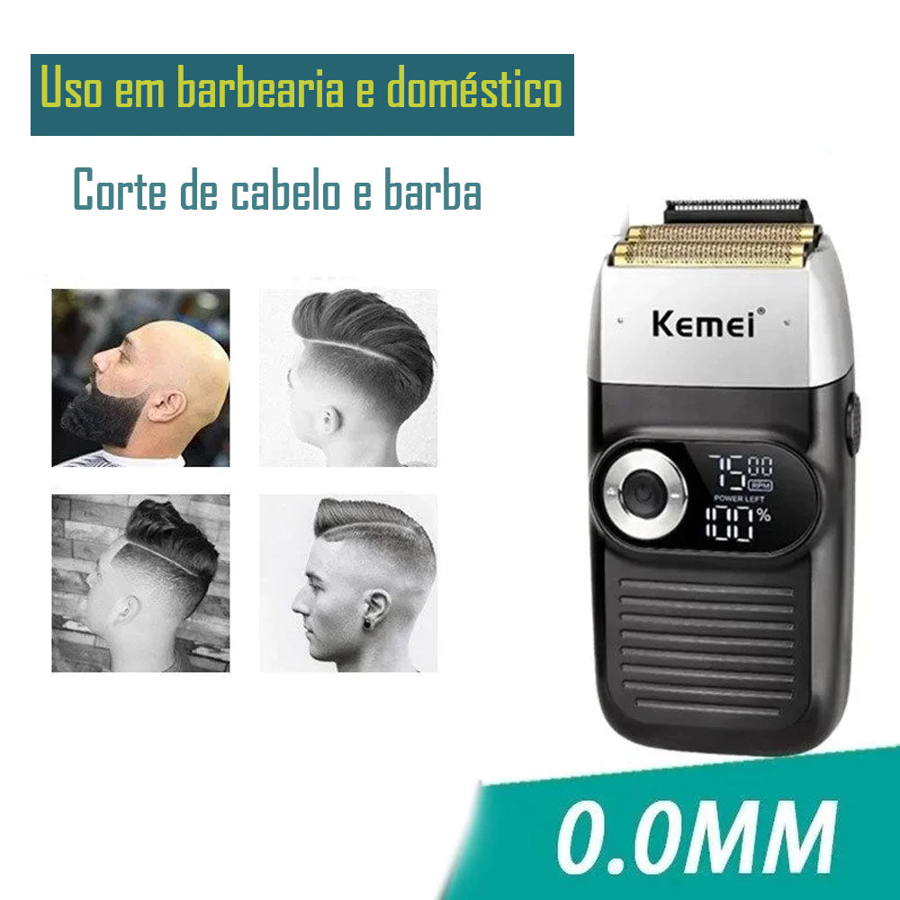 Barbeador Elétrico Masculino Á Prova D'água Remoção de Pelos Kemei 1400 mAh Com Duas Lâminas - KM-2026-Beard - Preto