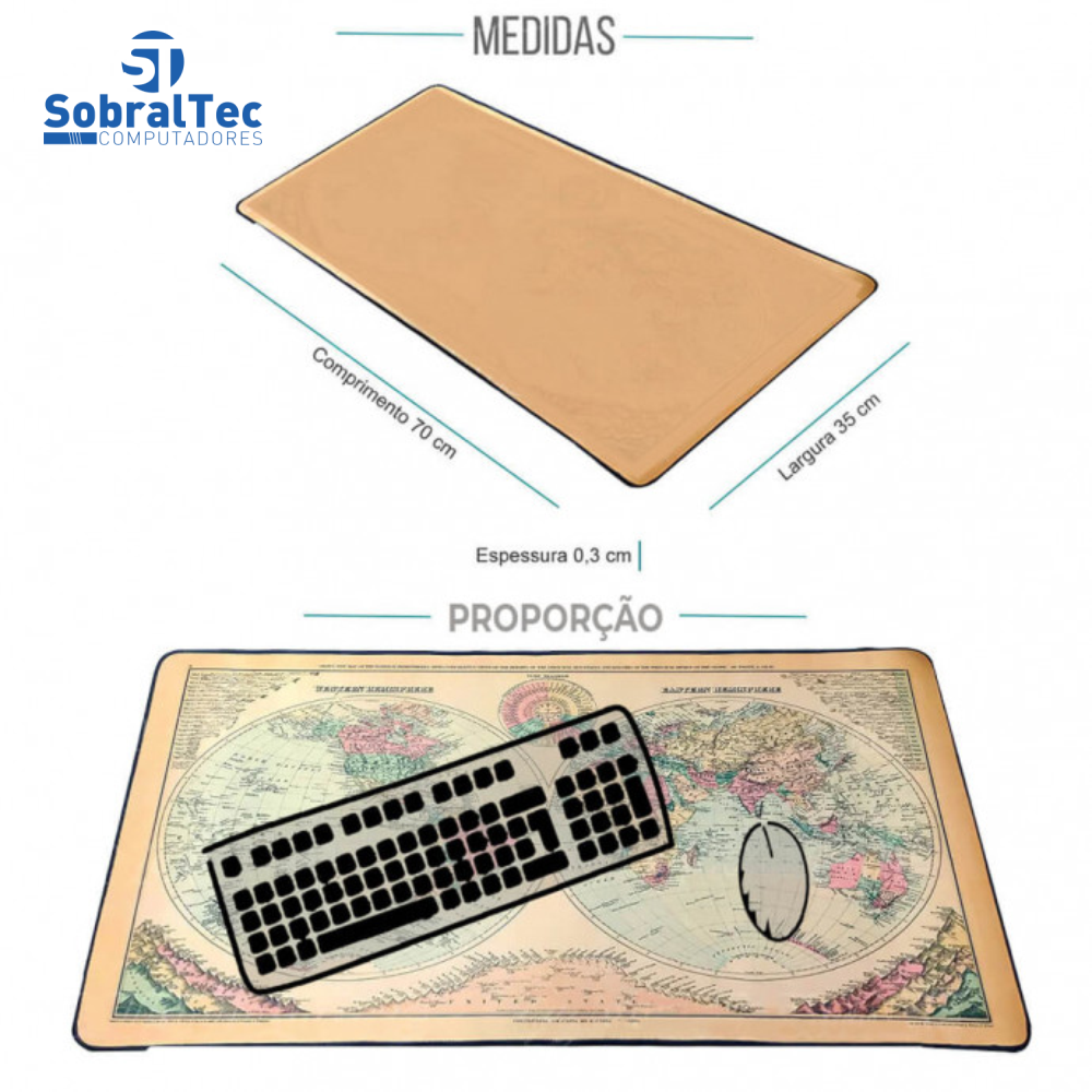 Mouse Pad Extra Grande Gamer 700x350x3mm Mapa Mundi Exbom MP-7035C12