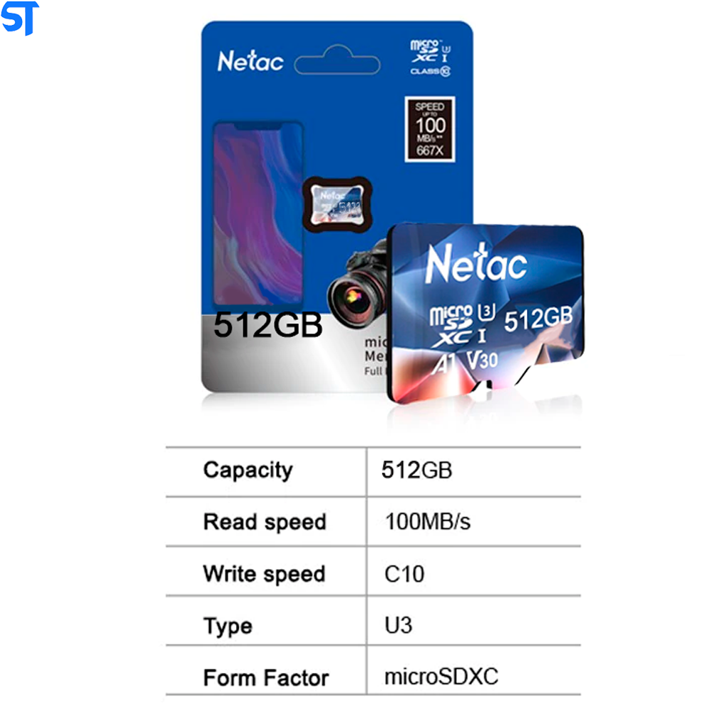 Cartão Micro SD Classe 10 U3 SDXC Netac 512Gb 100Mb/s De Leitura