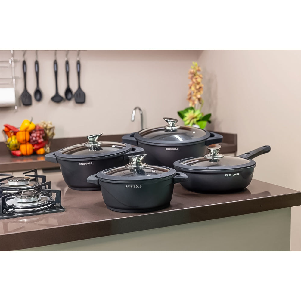 Conjunto de Panelas 4 Peças - Frigideira Wok 24cm + 3 Panelas 20cm, 24cm e 28cm + Tampas Frigigold