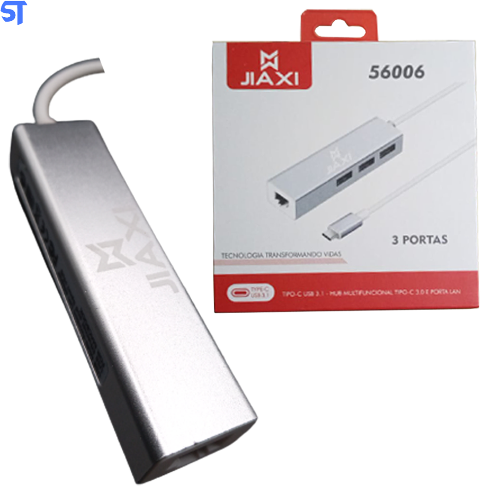 HUB Usb Tipo C 3.0 Multifuncional 3 Portas USB e 1 RJ45 de 10Mbps/ 100mbps Jiaxl- 56006