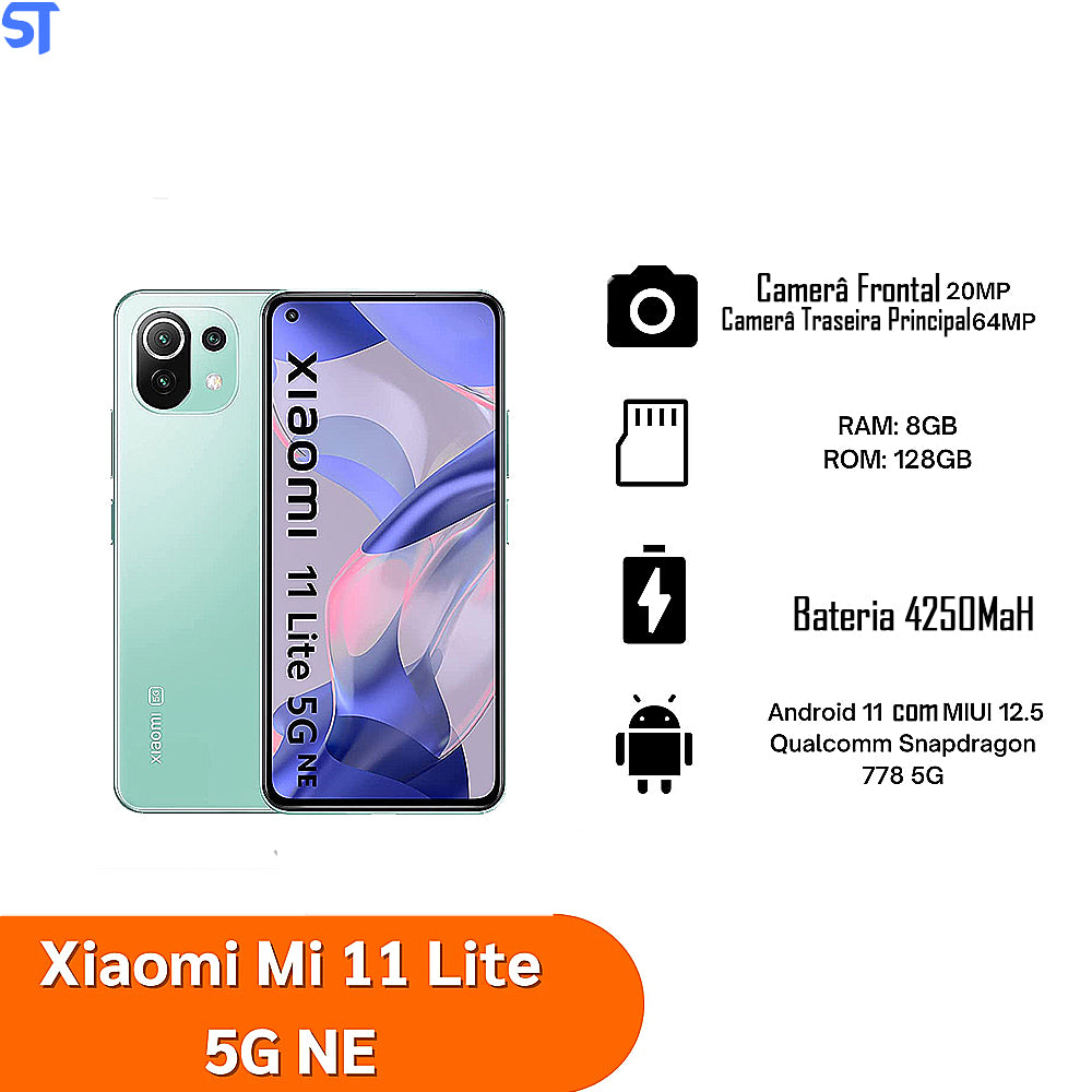 Smartphone Xiaomi 11 Lite 5G NE 128GB / 8GB RAM / Dual SIM / Tela 6.55"/ Câmeras 64MP+8MP+5MP e 20MP - Mint Green (Globa