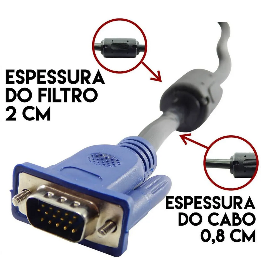 Cabo VGA Microfins 15 Pinos 5M Preto Com Filtro