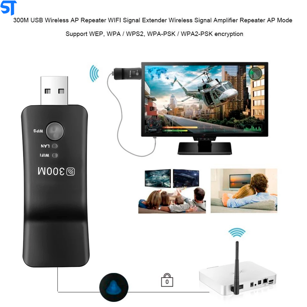 Adaptador Usb Wireless TV Wi-Fi Ranger Extender WPS 300 Mbps