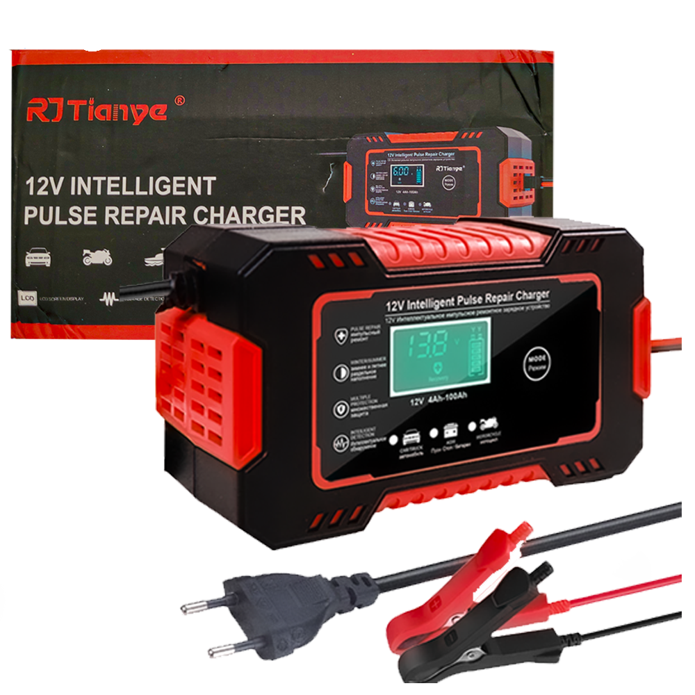 Carregador de Bateria de Carro 12V Carga Rápida Com Display Lcd Inteligente - Vermelho