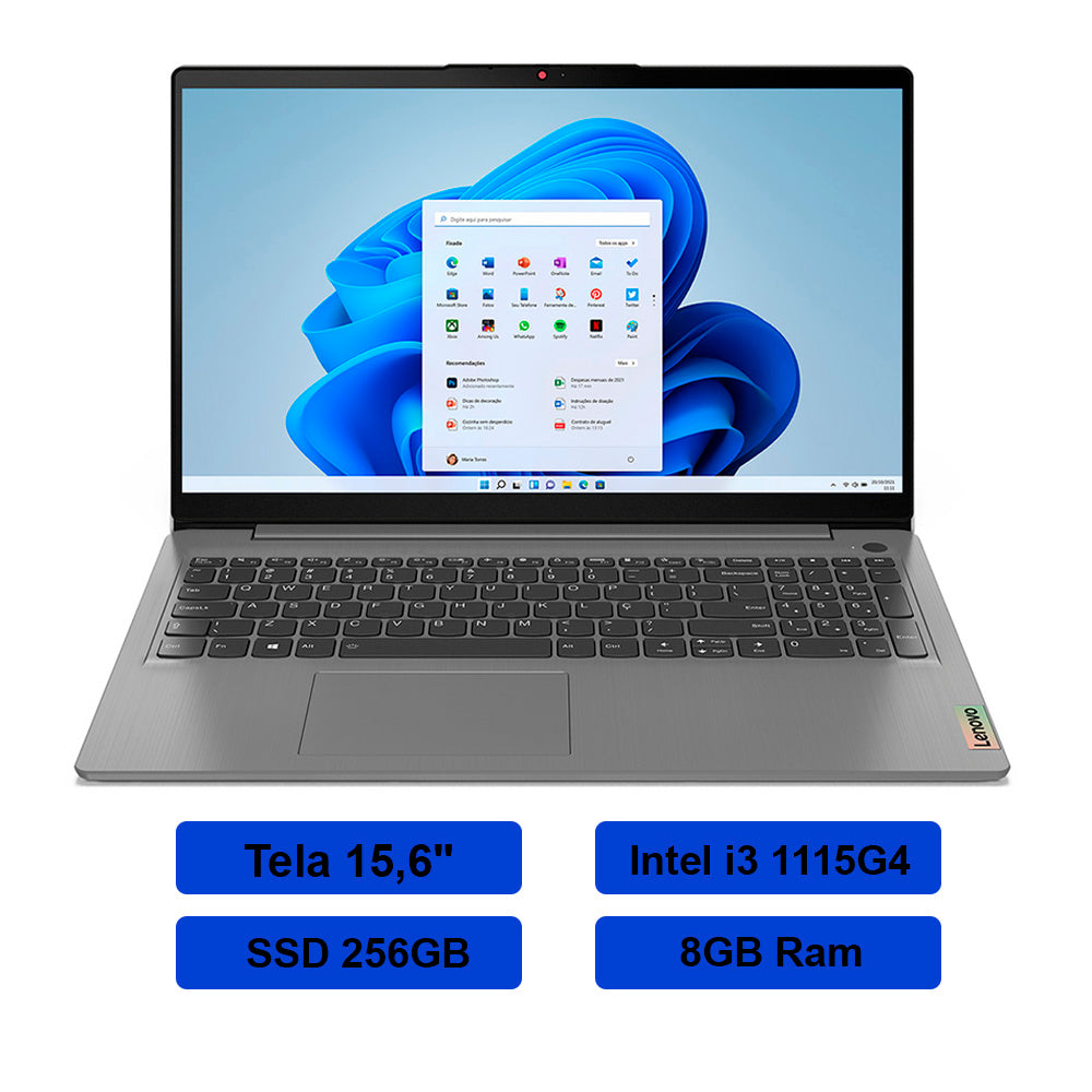 Notebook Lenovo ideapad 3i, Intel Core i3 1115G4, 8GB, 256GB SSD, Tela de 15,6