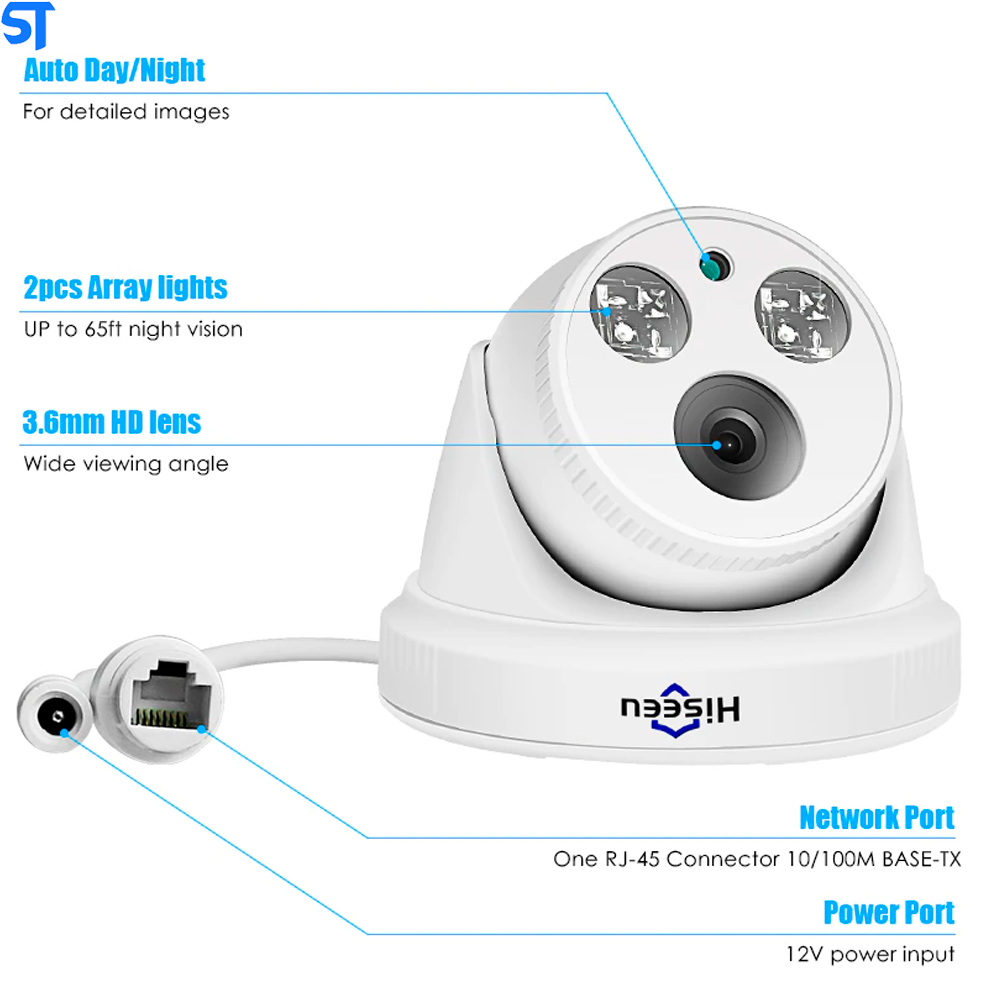 Câmera Ip Dome Poe Hiseeu 5 Mpx  Com Detecção De Movimento - HC615-P