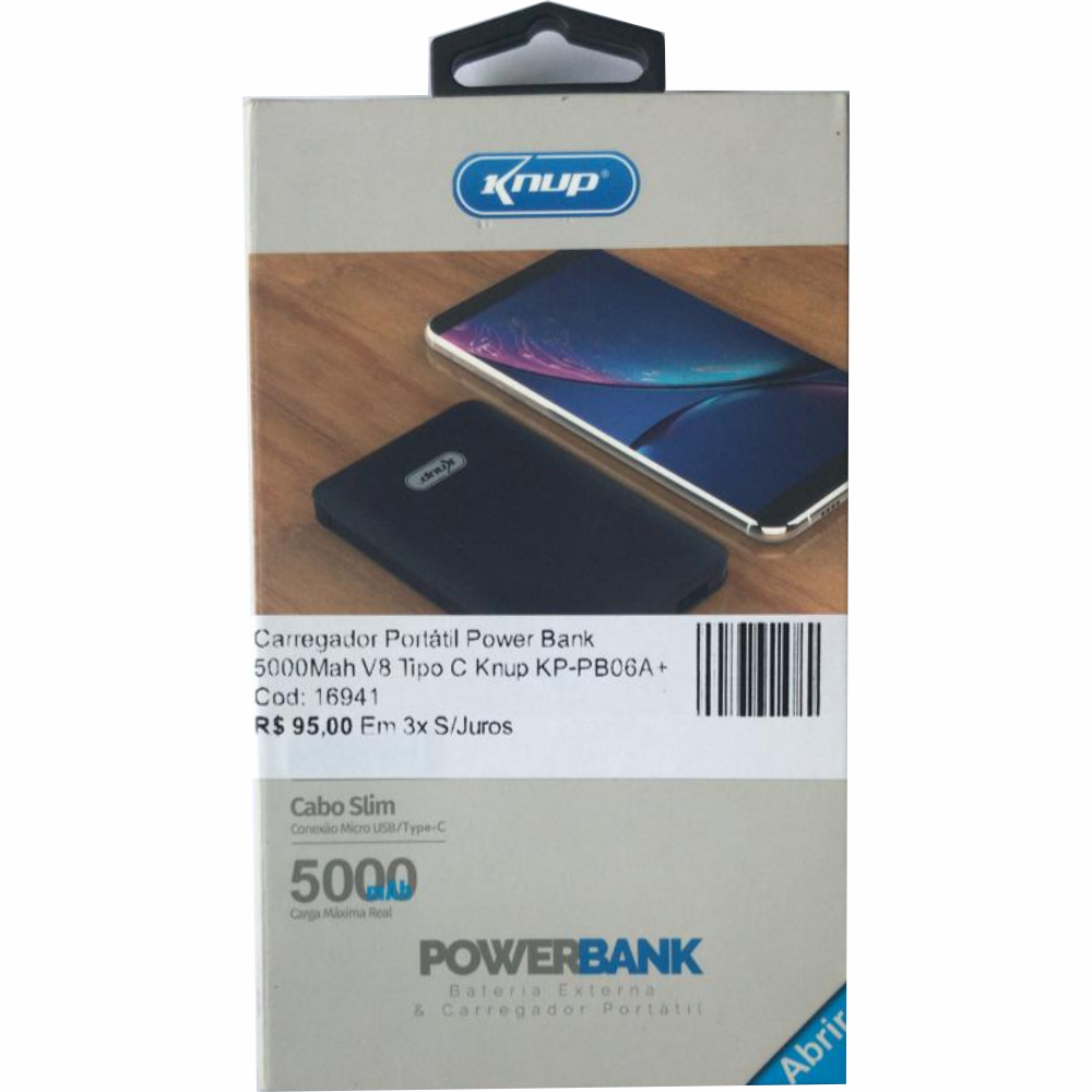 Carregador Portátil Power Bank 5000Mah V8 Tipo C Knup KP-PB06A+