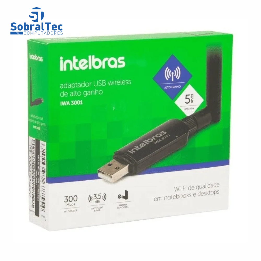 Adaptador Wi-Fi  USB Intelbras IWA 3001 Wireless 300Mbps Com Antena 3,5dBi Alto Ganho