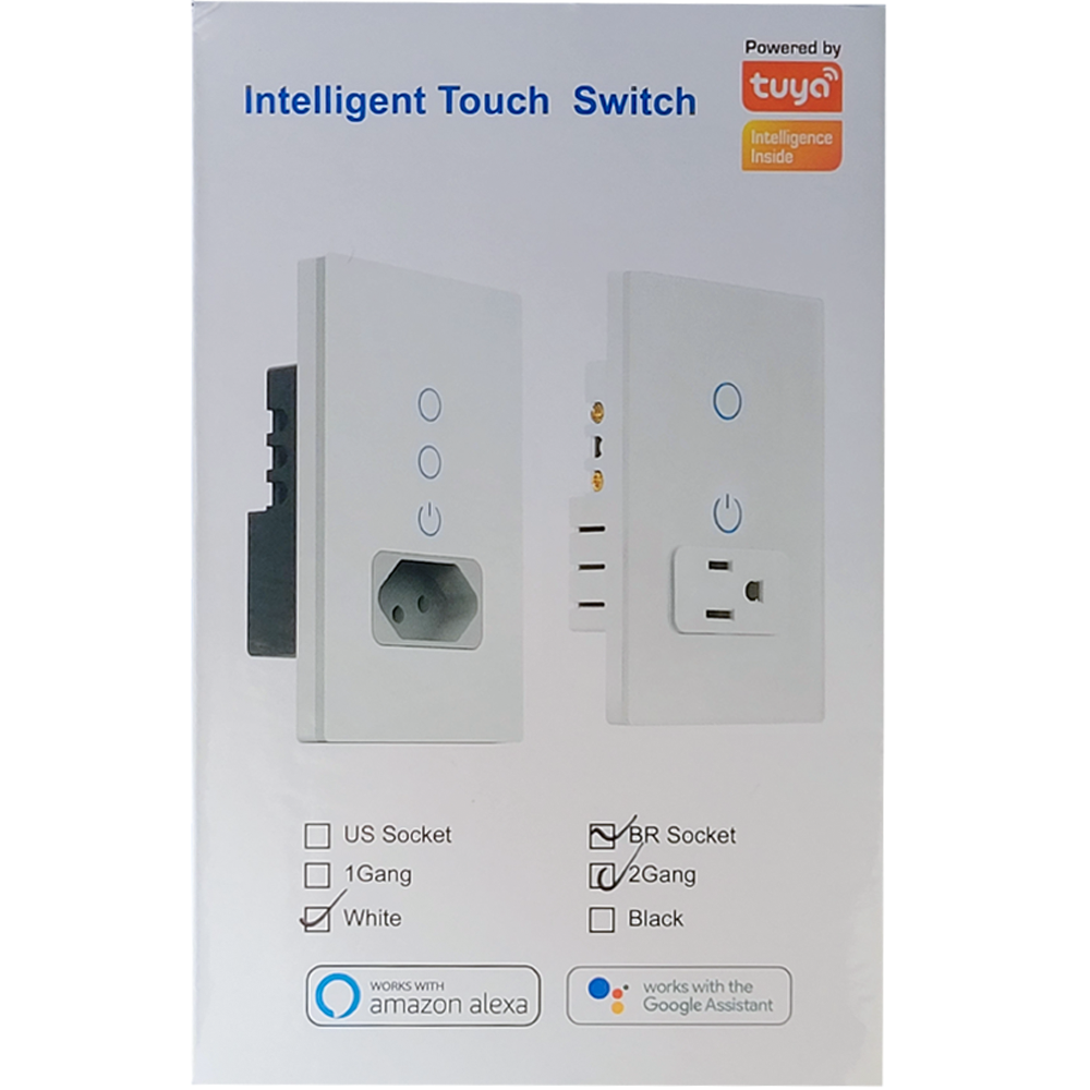 Interruptor Inteligente Para Casa Com Sokcet Padrão Brasileiro 2 Botões Com Amazon Alexa e Google Assistent Tuya - Branc