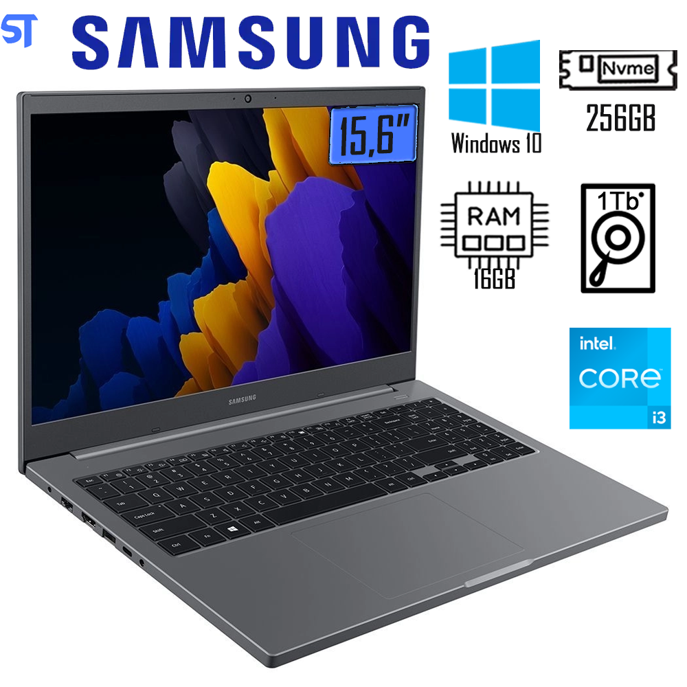 Notebook Samsung Book Intel Core I3-1115G4  -16GB RAM-  M.2 SSD NVME 256GB + HD 1TB W10 FHD 15.6'' Cinza Chumbo NP550XDA
