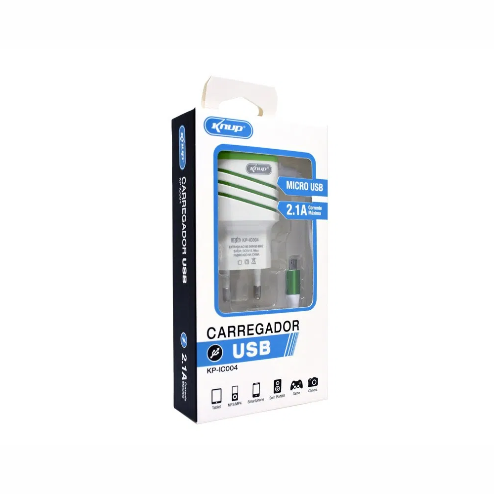 Carregador USB V8 Micro Usb 1 Entrada Usb 2.1A Corrente Máxima 5V Knup KP-IC004