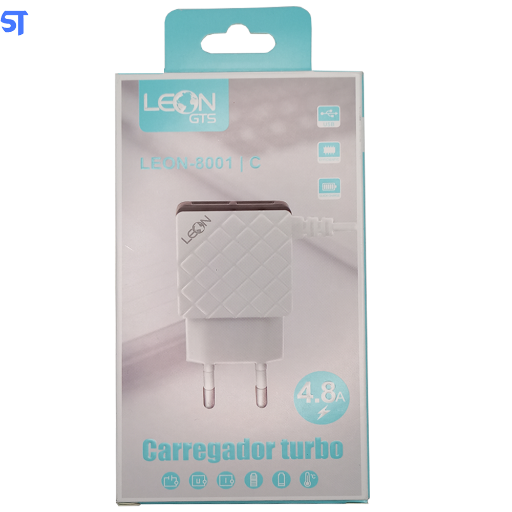 Carregador Turbo Tipo C Leon 4.8A Com Duas Portas USB Branco - Leon-8001