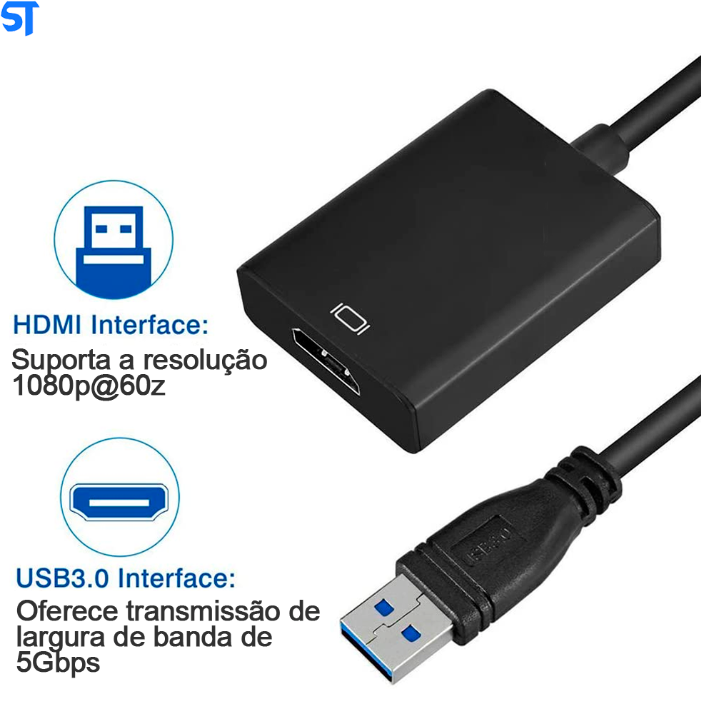 Cabo Conversor Adaptador De Áudio e Vídeo USB 3.0 Para HDMI De Alta Velocidade 5 Gbps