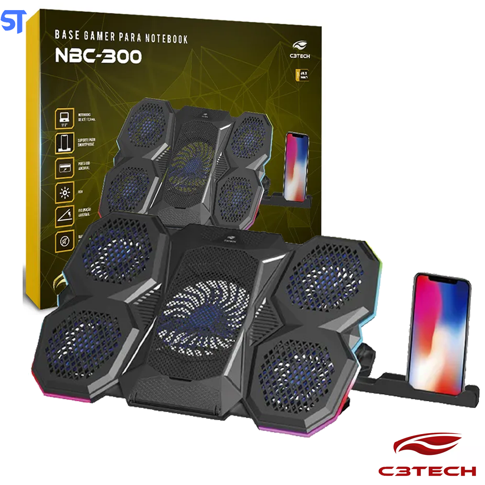 Suporte Base Para Notebook 17,3 Polegadas Gamer NBC-300BK C3Tech Com Suporte para Celular