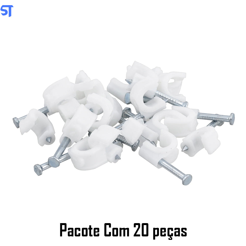 Pacote Fixa Fio Coaxial 6 Branco Com Prego 2mm x 25mm Com 20 Peças