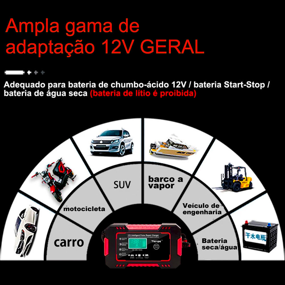 Carregador de Bateria de Carro 12V Carga Rápida Com Display Lcd Inteligente - Amarelo